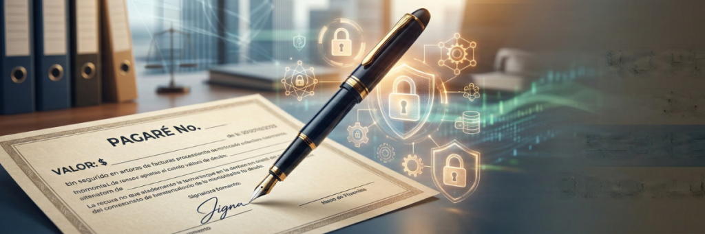Firma de pagaré con sellos de seguridad digital para blindaje de cobro de facturas.