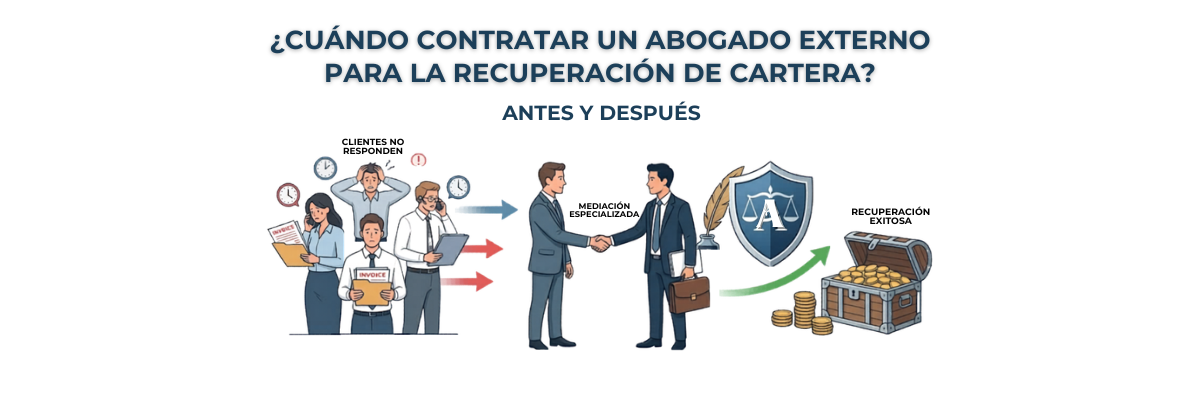 Infografía corporativa sobre la transición del cobro interno a la contratación de un abogado externo para recuperación de cartera corporativa - Abogacía