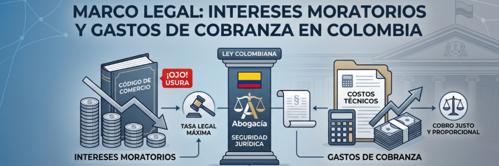Infografía corporativa sobre el marco legal para cobro de intereses moratorios y traslado de gastos de cobranza bajo la ley colombiana - Abogacía