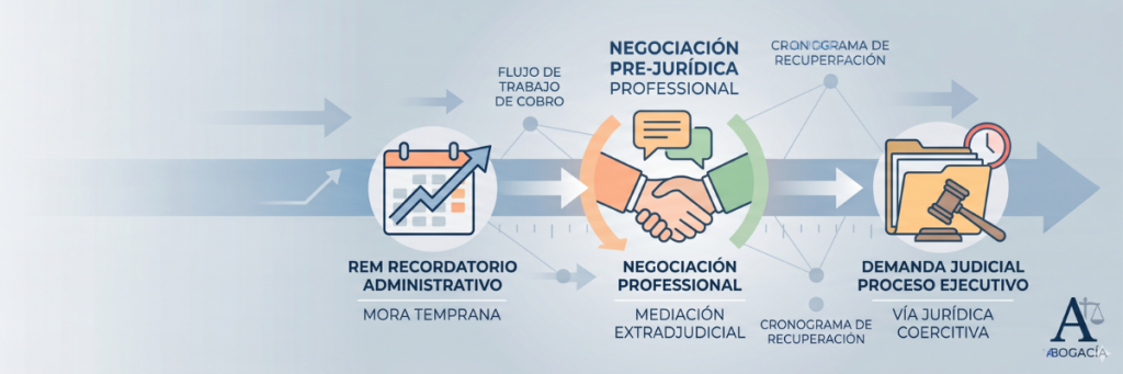 Infografía corporativa sobre estrategias para la recuperación de cartera vencida, segmentación, negociación, formalización de acuerdos y respaldo jurídico - Abogacía