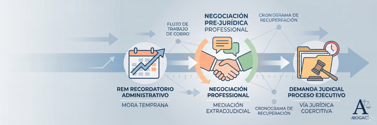 Infografía corporativa sobre estrategias para la recuperación de cartera vencida, segmentación, negociación, formalización de acuerdos y respaldo jurídico - Abogacía