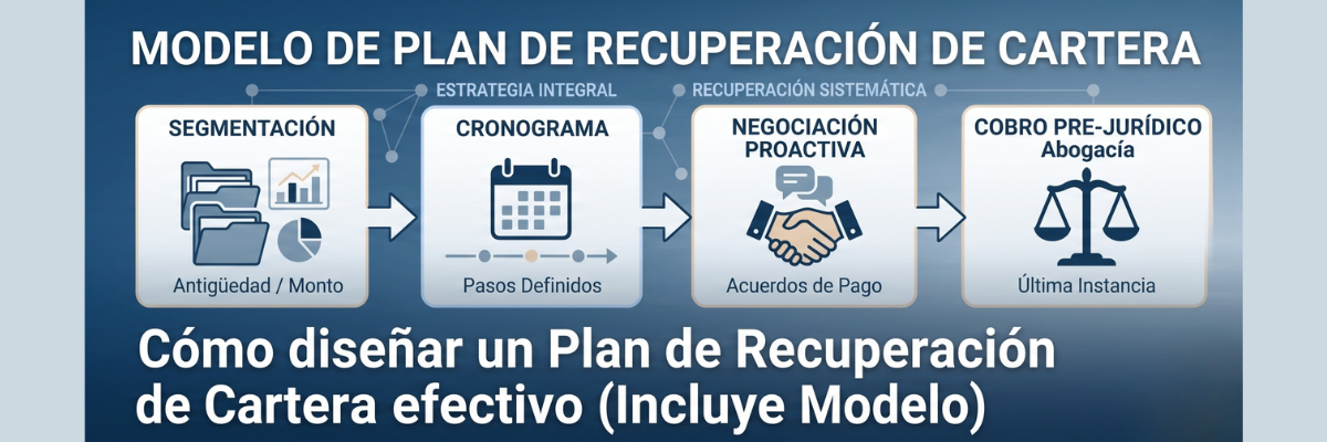 Infografía corporativa sobre el modelo de plan de recuperación de cartera, segmentación de deudas, cronograma de acciones y cobro jurídico técnica - Abogacía