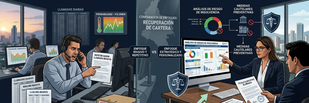 Infografía comparativa: agencia de cobro tradicional vs. firma de abogados en la recuperación de cartera B2B.