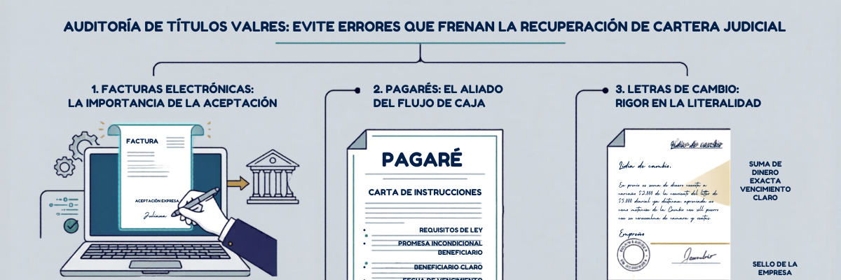 Infografía sobre auditoría de títulos valores, facturas electrónicas y pagarés para optimizar la recuperación de cartera judicial.
