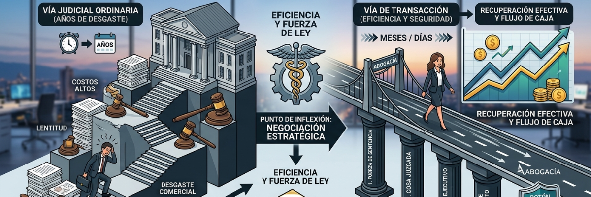 Infografía comparativa: Vía judicial ordinaria vs. Contrato de transacción para la recuperación de cartera B2B.