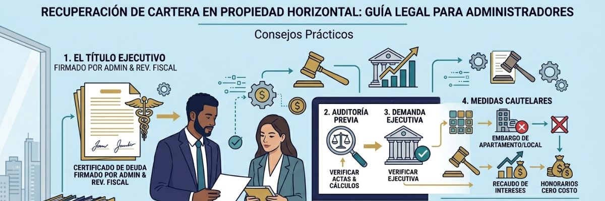 Infografía legal sobre recuperación de cartera en propiedad horizontal: procesos ejecutivos para administradores y consejos.